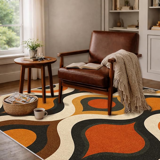 Retro Wave Area Rug 3x4, Mid-Century Modern Geometric Rug, Orange Brown Abstract Carpet for Living Room Bedroom, Soft Non-Slip Washable Rug