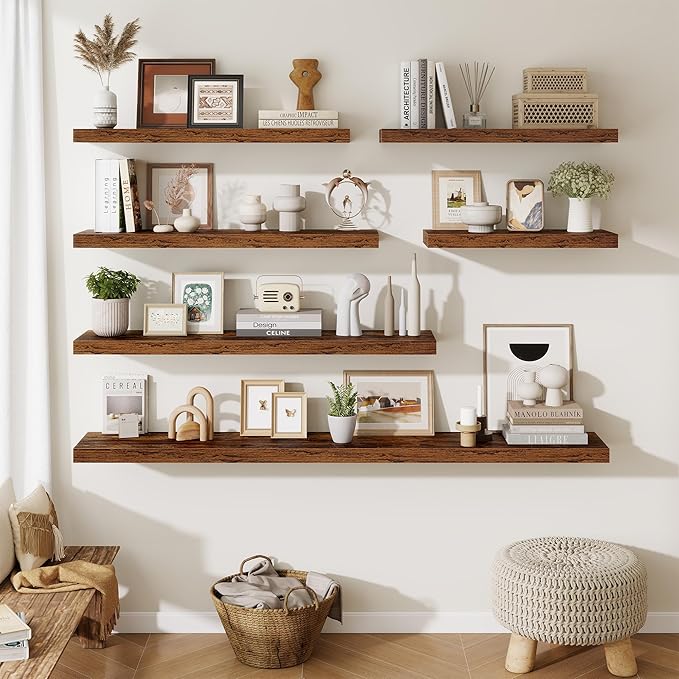 Fun Memories Floating Shelves for Wall - 10" x 10" Wood Shelf with Invisible Bracket - Deep Floating Shelves - 10 Inch Shelf Wall-Mounted for Living Room & Bathroom - Rustic Brown - Set of 2