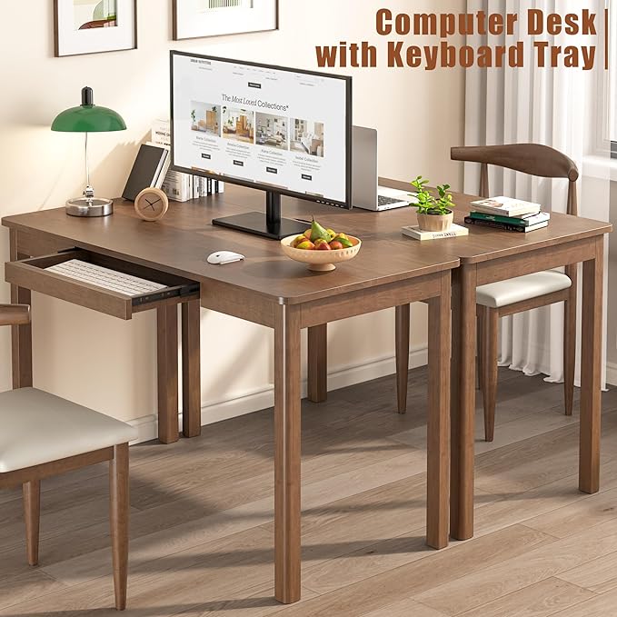 Solid Wood Desk with Keyboard Tray - 48 Inch Mid Century Modern Writing Desk, Computer Desks with Keyboard Tray, Simple Study Table Home Office Desks for Bedroom|Small Spaces-Walnut Color