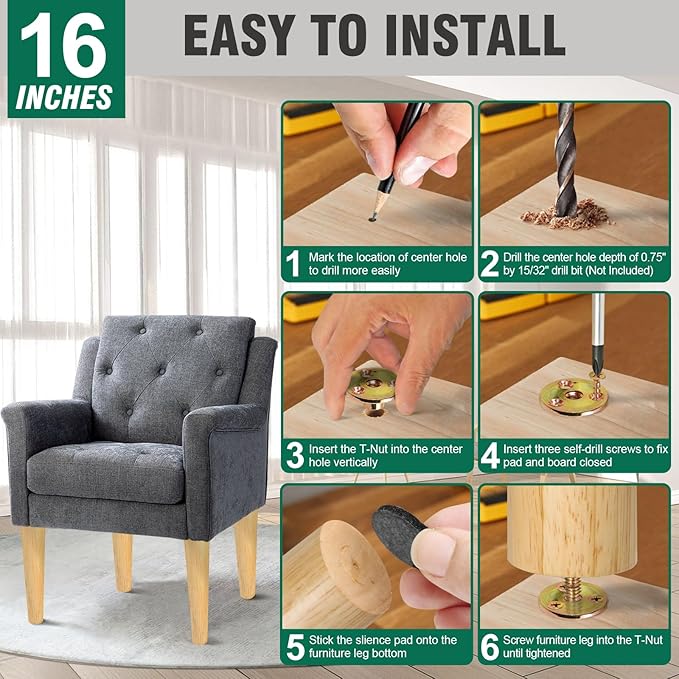 FoDau770 Rubber Wood Furniture Legs 16 Inches, 5/16" UNC Straight Tapered Wood Feet Mid Century Sofa Legs, Wooden Furniture Feet Replacement Parts for Cabinet Couch Dresser Chair Ottoman Table