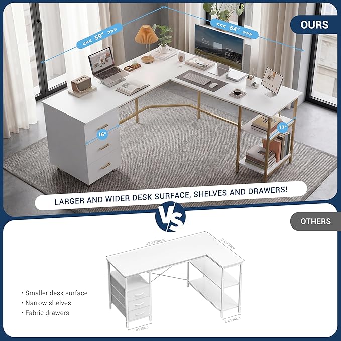 Techni Mobili L Shaped Desk - Two-Toned Computer Desk with Drawers & Storage Shelves - Simple Modern Furniture & Home Office Space Corner Table for Work & Writing