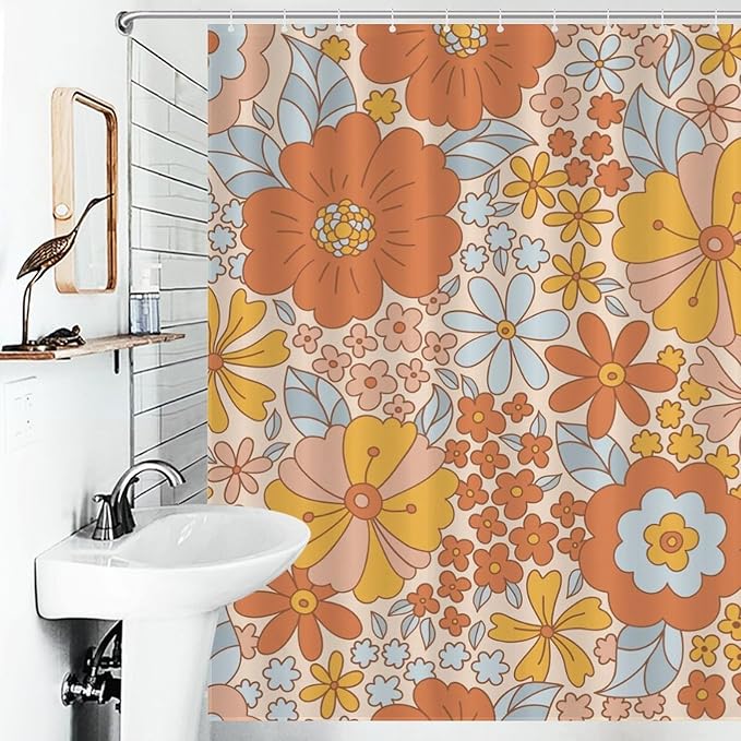 Hippie Floral Shower Curtain, Retro 70s Vintage Orange Daisy Groovy Cute Flower Aesthetic Boho Funky Trippy Waterproof Fabric Bath Shower Curtain Set with Hooks, 72"x72" Inch