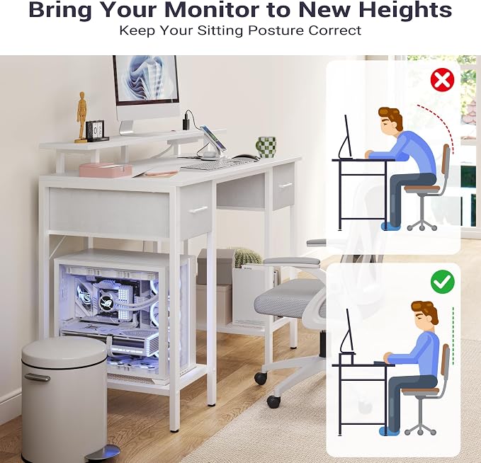 Furnify White Computer Desk with Drawers, 42 Inch Home Office Desk Study Writing Table, Gaming Desk with USB Power Outlets, Office Desk with Fabric Drawer, Work Table with Shelf for Bedroom, White