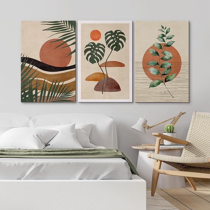 wall26 Canvas Canvas Print Wall Art Set Boho Mid-Century Tropical Plant Collage Abstract Shapes Digital Art Modern Art Decorative Minimal Relax/Zen for Living Room, Bedroom, Office - 16"x24" x 3