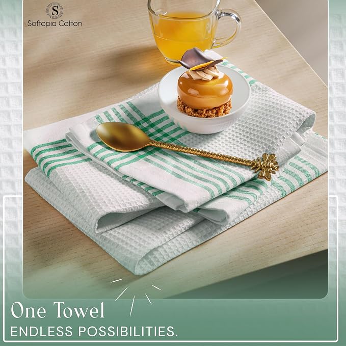 Waffle White & Dark Green Kitchen Towels 4 Pack, 100% Cotton, 16x26 inches, Super Absorbent Tea Towel for Drying Dishes, Quick Drying Kitchen Cloth Set for Daily Cooking, Cleaning