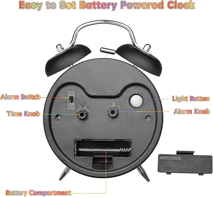 Peakeep Loud Alarm Clock for Kids Learning Telling Time Teaching Clock, 4.5" Rainbow-Colored Twin Bell Analog Alarm Clock Battery Operated for Heavy Sleepers Adults Teenagers Kids
