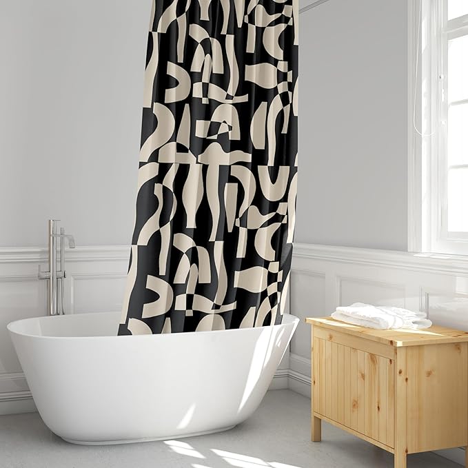 Modern Black and Ivory Geometric Pattern Print Shower Curtain - Abstract Minimalist Pattern - Neutral Design - Trendy Fabric Shower Curtain for Any Bathroom - 72x72 Inches (Geo Black)