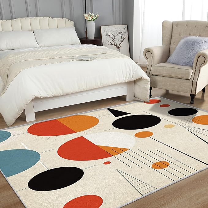 50s Rugs for Living Room 7x10, Retro Mid Century Modern Geometric Abstract Pattern Design Area Rug, 50s Bedroom Decor Carpet, Non Slip, Washable (RG520)