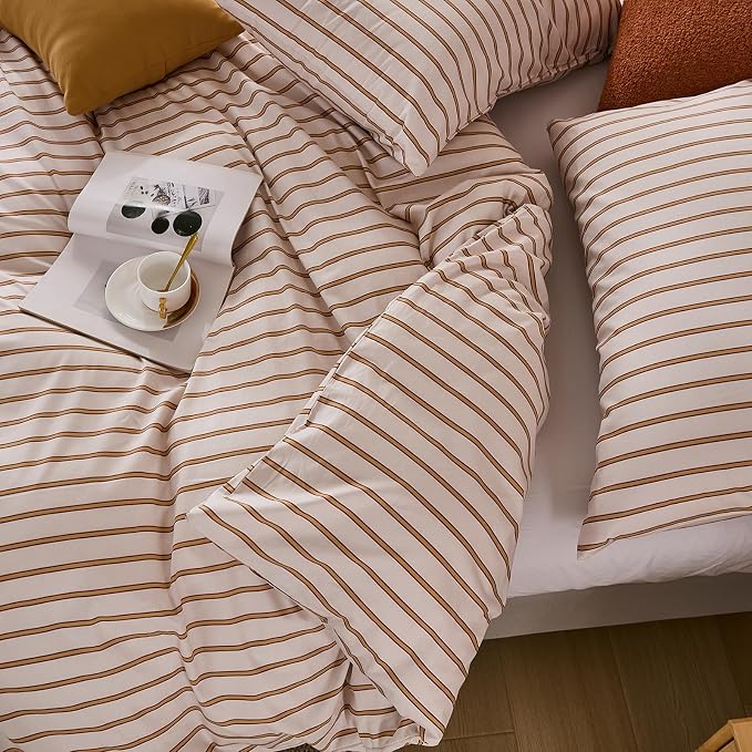 Merryword Striped Duvet Cover Set King Size 3 Pieces 100% Cotton Duvet Cover Set with Beige and Terracotta Vertical Stripe Design,Soft Lightweight Reversible Bedding Set for All Seasons