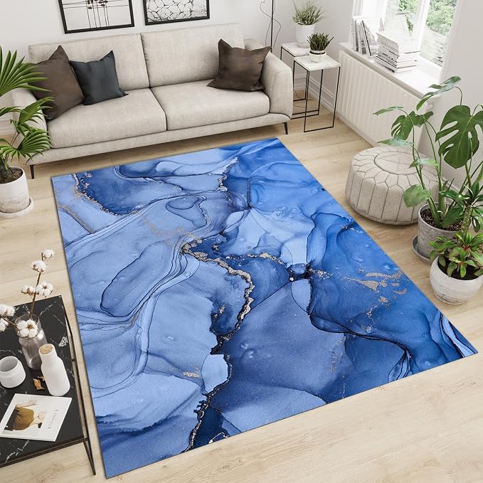 4x6 Area Rug Bule Gradient Ripple Art Non-Slip Kids Rug, Abstract Blue Waves Marble Upholstery Rug with Non-Slip Backing for Kids Boys Girls Bedroom Living Room Dining Room Study