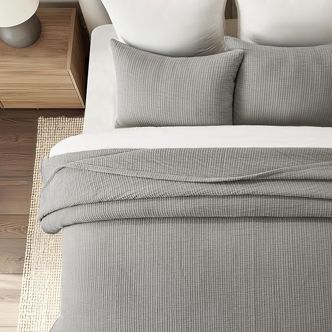 EVERGRACEHOME Cotton Gauze King Bedspread, Ultra Soft Prewashed Pick Stitch Matelassé Coverlet, Lightweight Textured Oversized King Quilt Bedding Set for All Season, with 2 Shams, Fog Gray