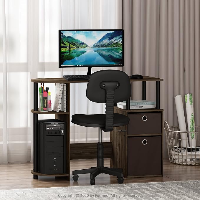 Furinno JAYA Desk, 38.4" Wide Gaming Desk with Bin Drawers, Computer Desk with Side Shelf, Office Desk for Study, Home Office, Bedroom, Dorm, Study Room, Columbia Walnut