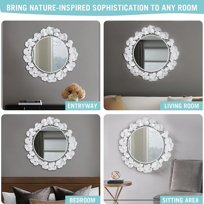 Martha Stewart Wall Décor Large Gingko Leaf Round Wall Mirror for Living Room, Iron Metal Plate Frame Antique Finish, Ready to Hang Bedroom Decoration, Eden, 30.5", White