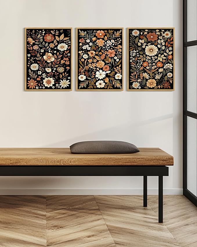 KUVIOKE Orange Vintage Flower Framed Wall Art Boho Floral Wall Decor Retro Wildflower Modern Art Prints for Living Room Bedroom 12x16in (Natural Framed)