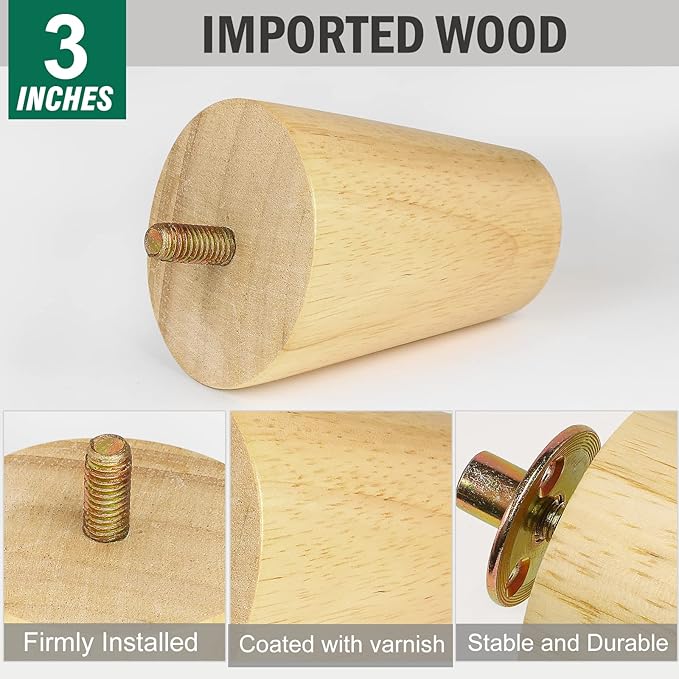 FoDau770 Rubber Wood Furniture Legs 3 Inches, Slant Tapered Wood Feet Mid Century Sofa Legs Set of 8, 5/16" UNC Furniture Feet Replacement Parts for Cabinet Couch Dresser Chair Ottoman Table