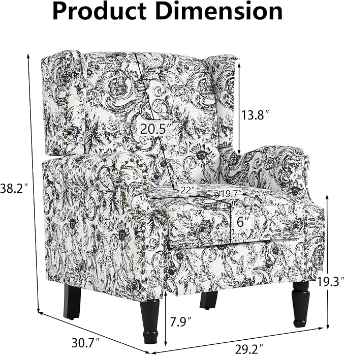 Pia Ricco Set of 2 Floral Accent Chairs, High Back Upholstered Armchairs with Retro Wingback Design, Nailhead Trim & Solid Wood Legs for Living Room Bedroom Home Office(Rococo Black)