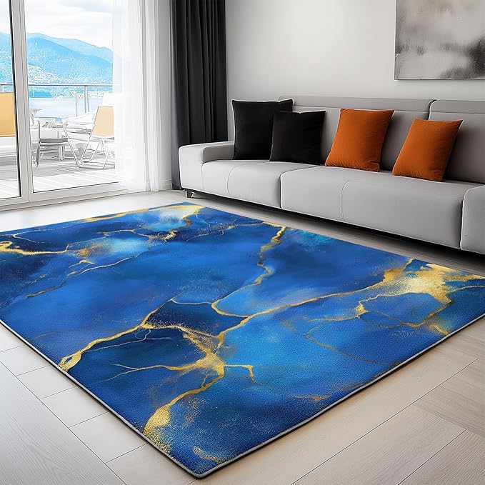 Blue 4 x 6 ft Area Rug Machine Washable Carpets, Soft Abstract Marble Gold Texture Print Carpet Non-Slip Doormat, Low-Pile Rugs for Living Room Bedroom Kitchen Dining Room Hallway