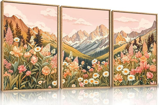 LHIUEM Large Abstract Colorful Mountain Framed Canvas Wall Art,Boho Pink Flower Wall Decor, Nature Wildflower Wall Painting,Bohemian Artwork for Living Room,Bedroom,Dining Room,Office -16"x24"x3