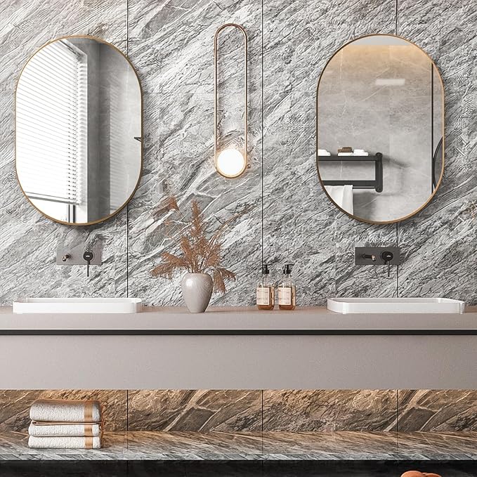 Oval Bathroom Mirror Capsule Wall Vanity Mirror, 24"x36" Pill Mirrors Wall Mounted Mirror, Large Modern Mirror with Gold Metal Frame, Decor for Entryway, Bedroom