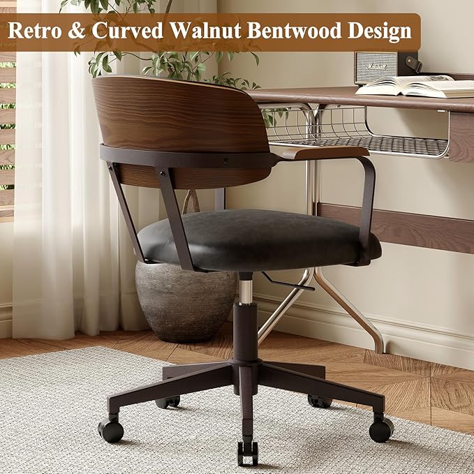 Mid-Century Modern Desk Chair with Walnut Bentwood Design,Retro Home Office Chair with Adjustable Height,360°Swivel,Smooth Rolling Casters,Small Computer Chair PU Leather (Black)