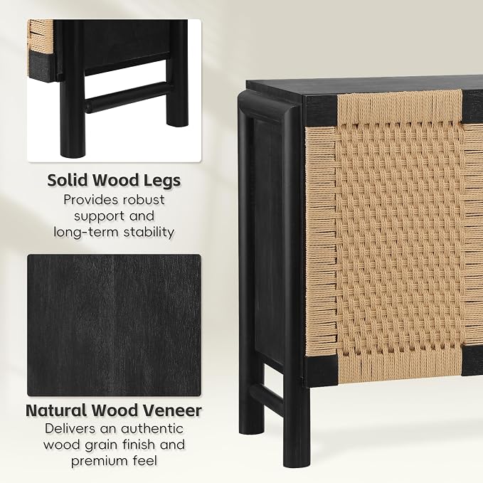 Modern Farmhouse Sideboard Buffet Cabinet 65.6’’ Boho Credenza Coffee Bar Console with Handwoven Paper Rope Doors, Storage Accent Cabinet for Living Room, Hallway & Kitchen, Black