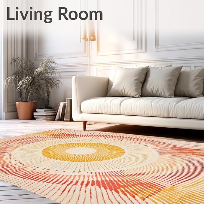 Flatwoven High Traffic Area Rug 4x6, Boho Sun Patterned Rug with Abstract Radiant Spiral Design, Non Slip, Stain Resistant, Washable Area Rugs for Living Room, Bedroom (Beige, 4x6)
