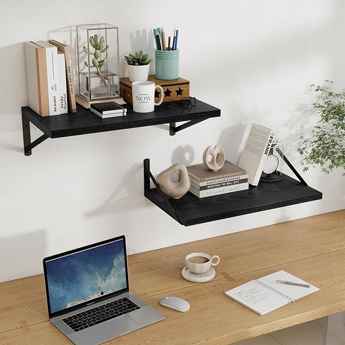 Floating Shelves, 12 Inch Deep Rustic Wood Wall Storage, 16W x 12D Wall Shelves Set of 2, Heavy Duty Metal Brackets, Large Industrial Book Shelf for Living Room, Kitchen, Bedroom, Black
