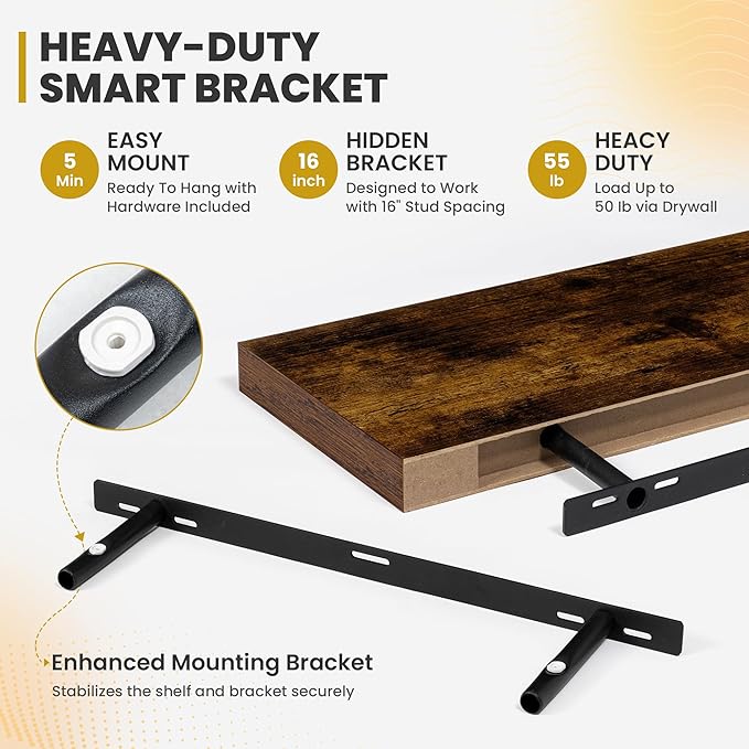 30 Inch Floating Shelves, 9.3" Deep Floating Shelf Wall Mounted, 30" Wall Shelves, Rustic Deep Bookshelf, Large Display Shelves & Storage Shelves for Bedroom, Living Room, Brown, Set of 2