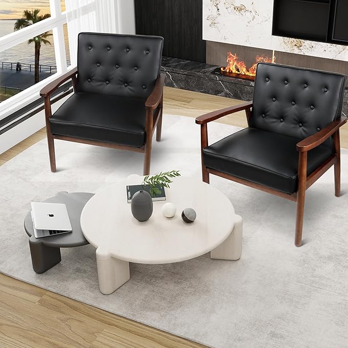 JIASTING Mid-Century Retro Modern Solid Wood Armrest Black Accent Chairs Set of 2, Faux Leather Arm Chairs for Living Room, Waiting Room Chairs (2, Black)
