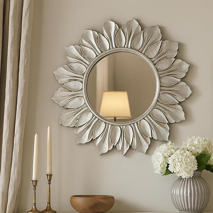 Sunflower Sunburst Wall Mirror, 22" Distressed Silver Wooden Frame, Handcrafted Petal Floral Design, Vintage Farmhouse Style Mirror for Wall Decor for Living Room, Bedroom, Bathroom, Vanity