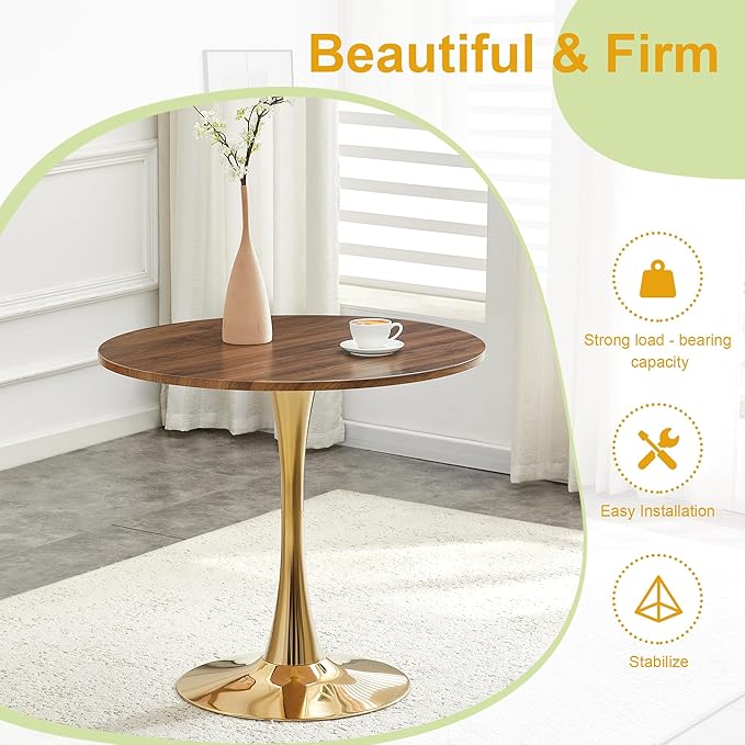31.5 Inch Small Round Dining Table for 2-4 Person, Circle Tulip Table with Faux Walnut MDF Top and Gold Metal Base,Mid Century Modern Bistro Table for Kitchen, Small Places,Living Room, Cafe