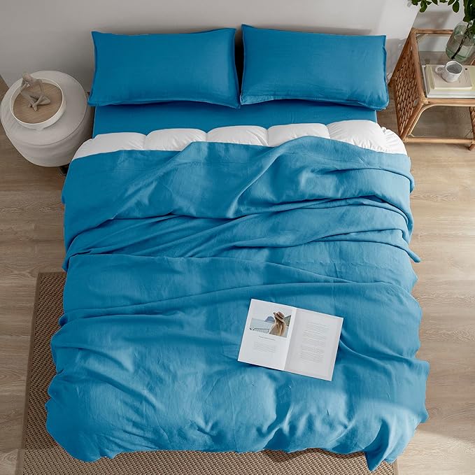 EVERLY Linen California King Size Sheets Set, 100% Stonewashed French Linen Bed Sheets Deep Pocket Sheets, 4 Pieces (1 Flat Sheet, 1 Fitted Sheet, 2 Pillowcases) Natural Flax Bedding Set-Blue