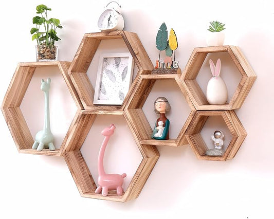 WONFUlity Hexagon Floating Shelves Honeycomb Wall Mounted Wood Farmhouse Storage for Bathroom, Kitchen, Bedroom, Living Room - Driftwood Finish, Light Brown