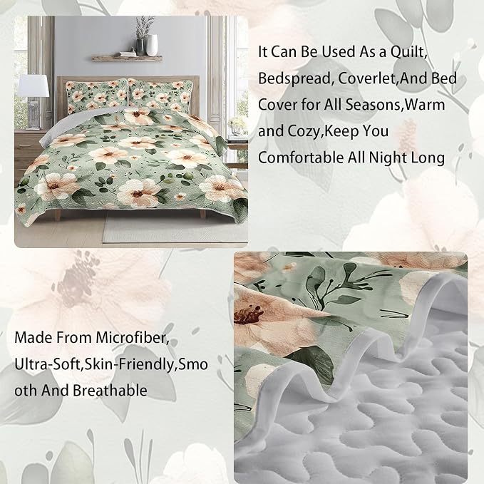 AILONEN Full Quilted Comforter Set 3 Piece Cream Flower Bedspread Coverlet 2 Pillowcases Soft Farmhouse Bedding Teens Guest Apartment Aesthetic Boutique Spring Bloom Leafy