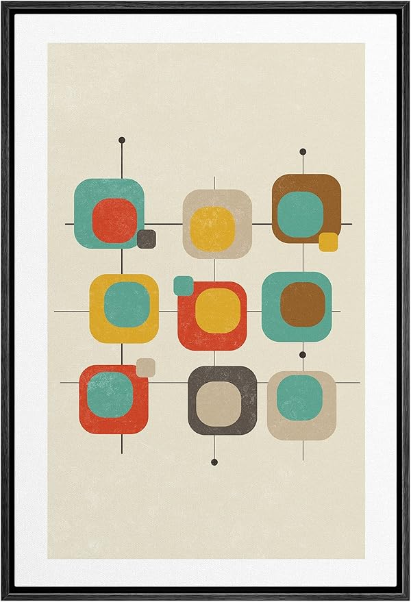 Woodrose Framed Canvas Print Wall Art Geometric 1960s Color Square Collage Abstract Shapes Illustrations Modern Minimalist Chic Multicolor for Living Room, Bedroom, Office - 24"x36" Black