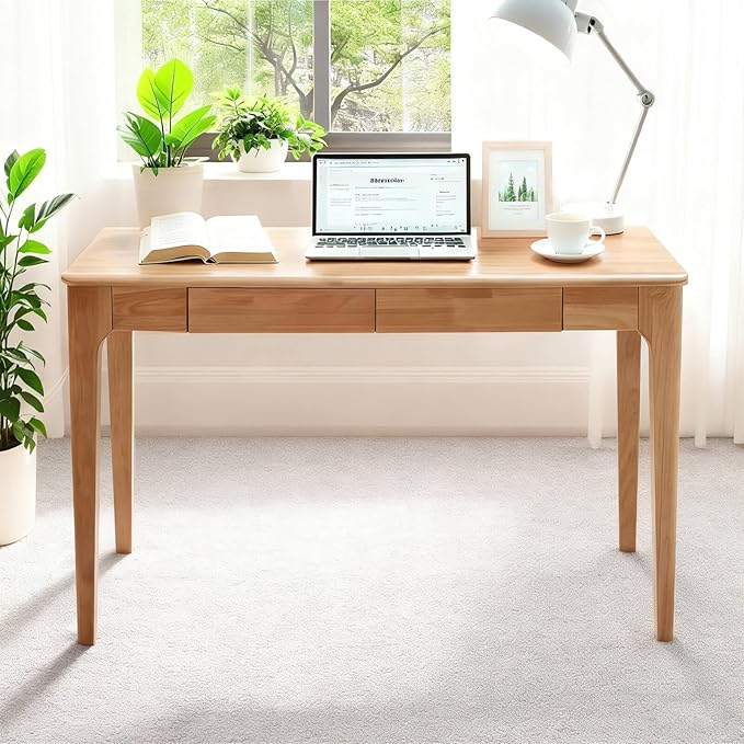 Solid Wood Desk,40" Oak Wooden Desk with Drawers,Mid Century Modern Small Computer Desk with Drawers for Small Spaces Home Office Solid Wood Writing Desk (Wood Color-1, 40")