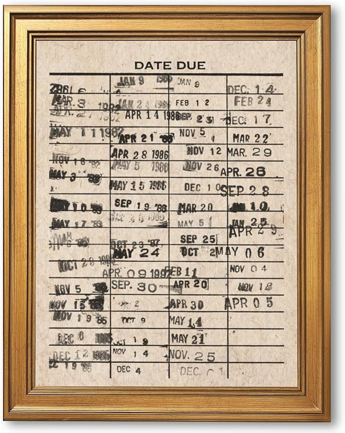 Framed Vintage Library Date Due Wall Art Retro Book Stamp Poster Reading Nook Art Print Nostalgic Booklish Canvas Painting Literary Card Wall Hanging Aesthetic Home Decor 8x10inch