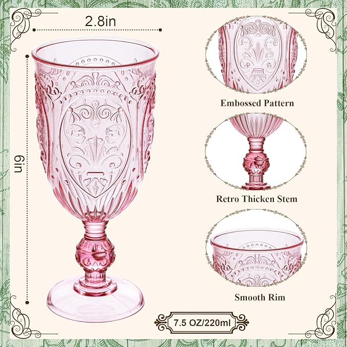 JLYLOL Plastic Wine Glasses 48Pcs Plastic Goblets 7.5oz Colored Retro Embossed Glassware Vintage Stemmed Drinking Cup Reusable Water Goblets for Wedding Reception Grand Event Party Bar,Whiskey (Pink)