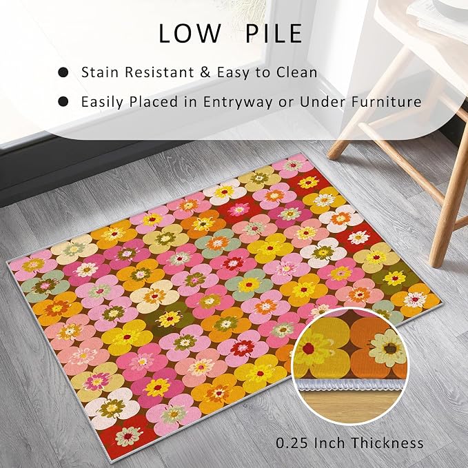 70s Floral Rugs 3x5, Retro Colorful Groovy Washable 3 x 5 Area Rug for Living Room, Bedroom, Low Pile Non Slip Stain Resistant Carpet, 70s Retro Home Decor Accessories & M840