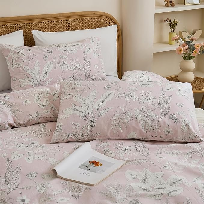 Cozeline Duvet Cover Set Queen Size 100% Nature Cotton Pink Floral Leaf Pattern Duvet Cover Set 3 Pieces Soft & Breathable Bedding Set with Zipper Closure & Corner Ties