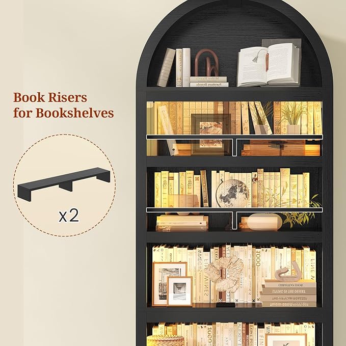 79.4"Tall Arched Cabinet,Bookcase with storage,Mid-Century Modern 7-Tier Bookshelf with RGB Light,2 Book Risers,Adjustable Shelf offering more space for Living Room,Kitchen,Home Office (Black)