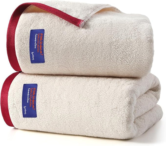 REDKISS 2 Pack Cotton Bath Towels, Soft Absorbent 600 GSM, 27x54 Inch | Quick Dry | Reinforced Stitching | Modern Contrast Border Design | Machine Washable | Bathroom, Gym|Spa & Guest Use | Beige