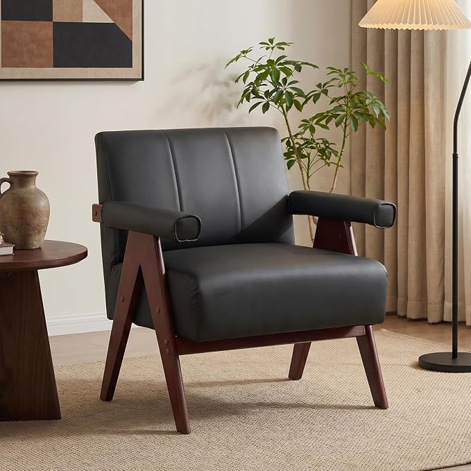 AODAILIHB Black Leather Accent Chair,Mid Century Modern Accent Chair, Solid Wood Frame Black Leather Armchair, Modern Reading & Living Room Chair for Office Guest & Waiting Room