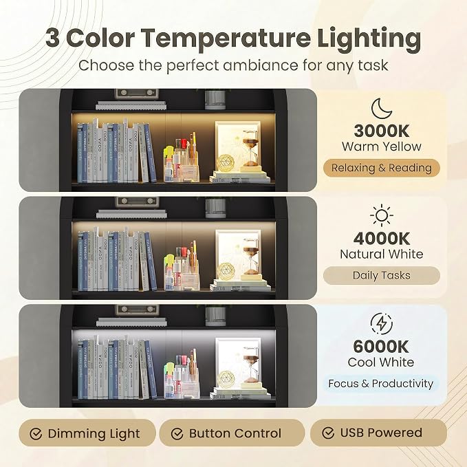 Arched Writing Desk with Hutch, Home Office Desk with 2 Drawers, Secretary Desk with Outlets, 3 Color LED Lights, Open Shelves, Computer Desk for Small Space, Bedroom 35.4" W x 70.8" H (Black)