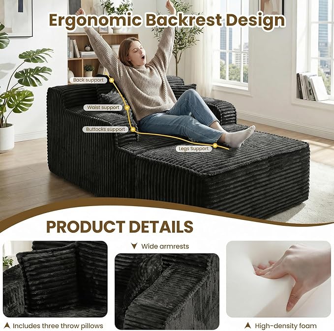 Chaise Lounge Chair Indoor,Boneless Chair with Ottoman,Comfy Reading Chair for Adults,Small Sofa Bed Couch for Living Room,Single Sleeper Chair Bed,Black