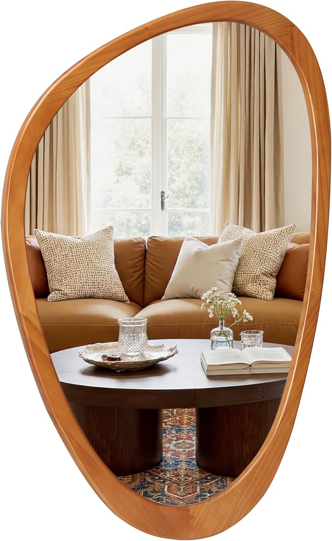 PERFNIQUE Irregular Wall Mirror, 30"x19" Solid Wood Frame Asymmetrical Mirrors for Mid Century Modern Decor, Tempered Glass Decorative Mirrors for Entryway, Bathroom, Bedroom, Living Room