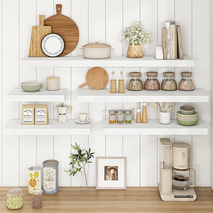 Fun Memories 36 Inch Floating Shelves - Rustic Wooden Wall Shelves - Wall Mounted Storage Shelf with Invisible Brackets - Extra Deeper & Thicker for Living Room, 36" W x 9.3" D x 1.5" H - White