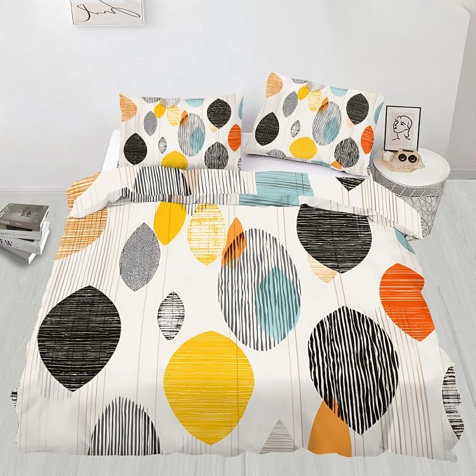 Retro Medieval Duvet Cover King Size, Colorful Geometric Lines Bedding Set 3 Piece Bedroom Decor Modern Comforter Cover and 2 Pillow Sham with Zipper Closure