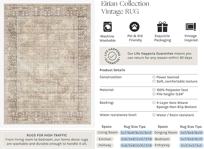 HUGEAR Beige 9x12 Washable Area Rugs for Living Room Bedroom Large Neutral Vintage Rug Soft Durable Carpet Distressed Non Slip & Shedding Stain Resistant Low Pile for Home Decor