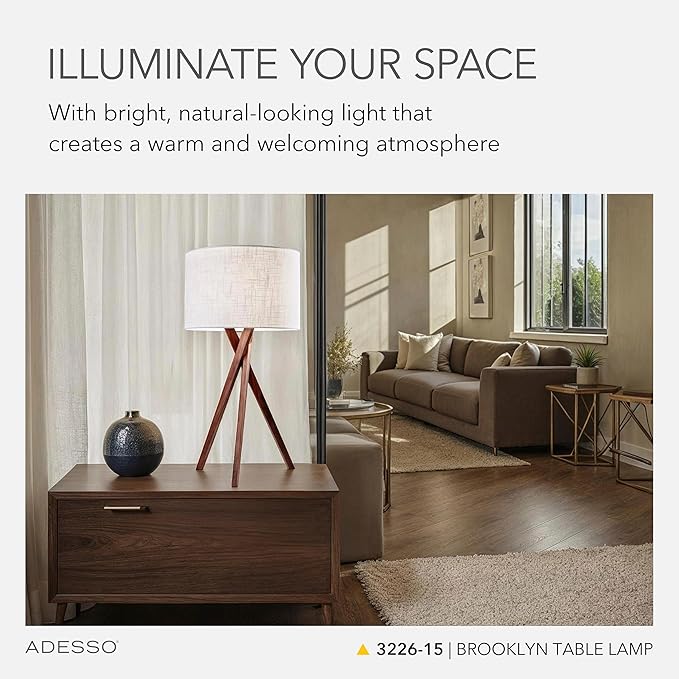 Adesso Table Lamp with Walnut Tripod Base and White Linen Lampshade – Bedside Table, Home Office Lighting or Living Room Décor, 29.5” x 15”